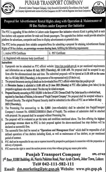Punjab Transport Company Lahore Tender Notice
